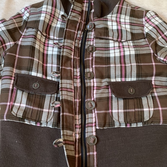 VINTAGE Rare 90s “Virgin Only” Plaid Bomber Jacket in Brown & Pink - Picture 9 of 14